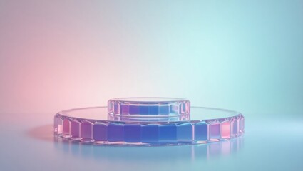 A futuristic glass podium with pink and blue lighting, set against a soft gradient background. The geometric design reflects a modern, minimal aesthetic.