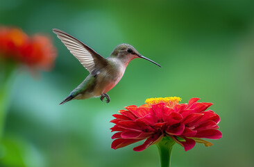 Obraz premium Photo of a hummingbird flying near a zinnia flower, with a green background and blurred edges