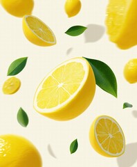 Falling yellow lemons with green leaves isolated on white background, realistic commercial stock photo, dynamic motion, shadowless