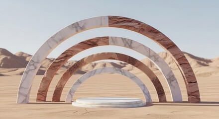 Symmetrical marble and sandstone arches rise over a circular platform in a desert landscape, blending architectural elegance with natural textures under a clear blue sky.