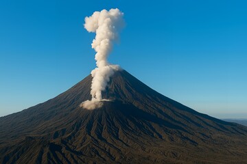 Volcanic landscape showcases a majestic mountain with smoke rising against a clear blue sky on a bright day.