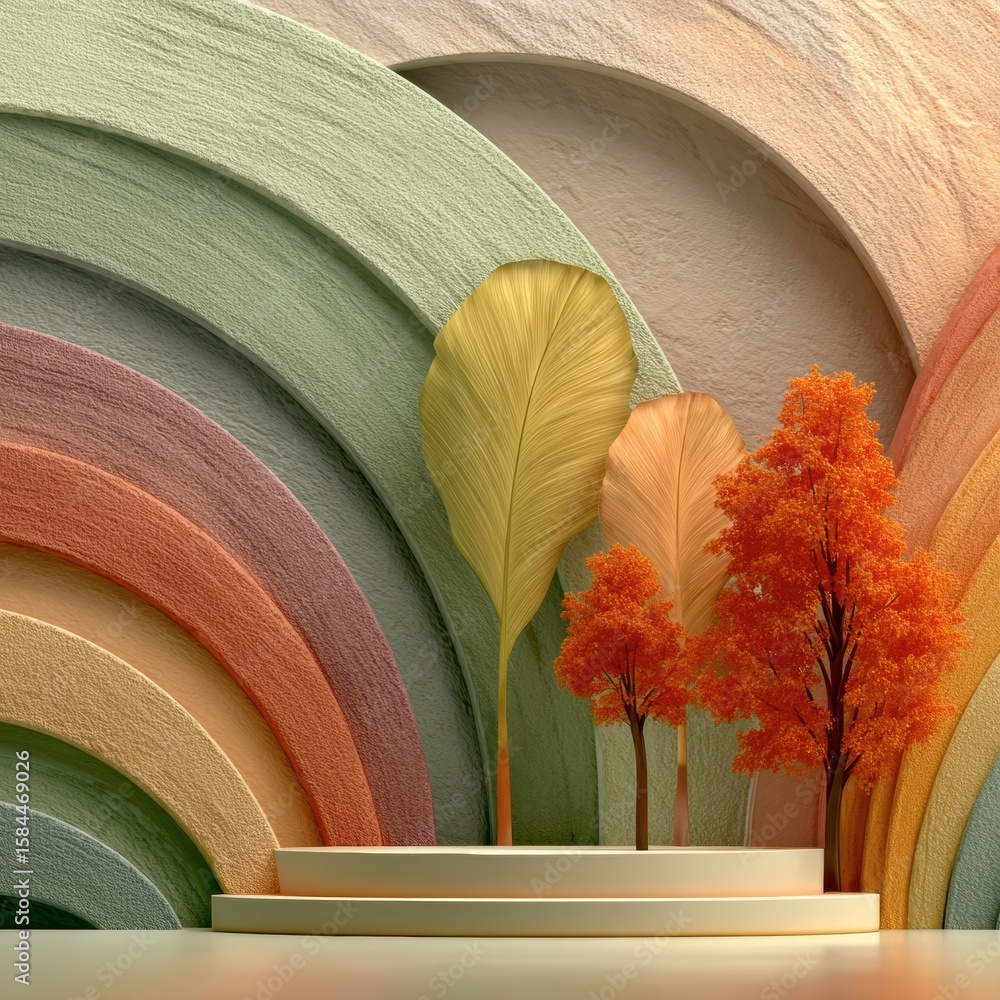 Poster abstract autumnal palette: a captivating scene of artistic trees in front of multi-colored arches. s