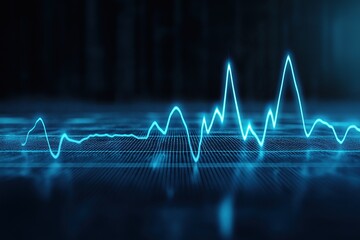 Dynamic blue line graph on dark background with audio equalizer grid and sound waves for digital financial market data visualization