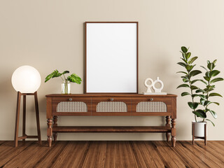 Classic Console Table with Cane Details and White Frame on Beige Wall – Front View