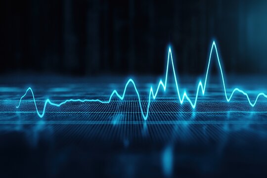 Dynamic blue line graph on dark background with audio equalizer grid and sound waves for digital financial market data visualization