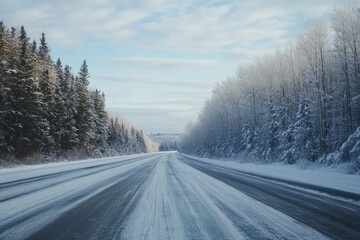 Fototapeta premium Dashcam perspective of icy highway, Quebec in winter, snow-covered trees on roadside