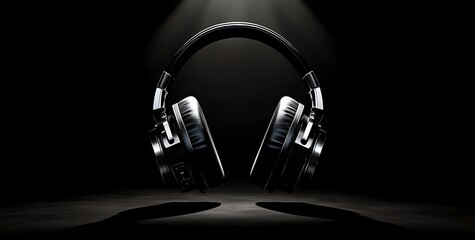 Dramatic Black Headphones Mockup Spotlighted on Dark Background

