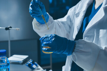Scientist pipetting medical samples into microplate in laboratory