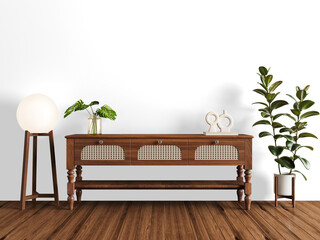 Classic Dark Wood Console Table with Rattan Detail and Houseplants - Transparent PNG Cutout with Drop Shadow