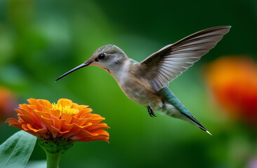 Obraz premium Photo of a hummingbird flying near a zinnia flower, with a green background and blurred edges