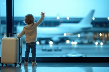 Cute kid standing beside rolling suitcase, waving at airplane outside terminal window