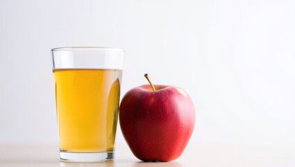 A glass of fresh apple juice next to a ripe red apple