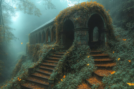 Stairs lead up to a house in the woods.