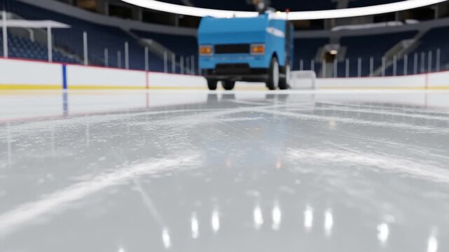 Ice resurfacer cleaning the ice rink surface in an indoor hockey arena, preparing for a game