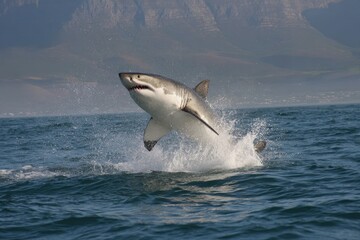 Fototapeta premium Great White Shark leaping targeting a seal dummy