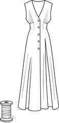 Elegant sleeveless button-down maxi dress fashion sketch, perfect for sewing projects, pattern design, dressmaking, tailoring, and garment illustration.