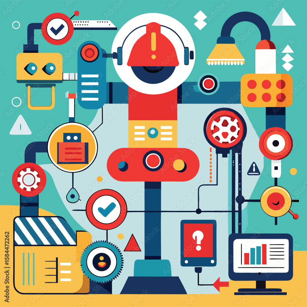 Poster abstract machine with industrial elements and checking symbols in modern flat design style