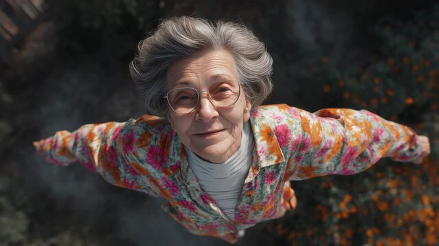The image shows an elderly woman with glasses, wearing a patterned shirt and white undershirt. She has her arms spread wide as if embracing the sky or dreaming of flight. Her joyful expression