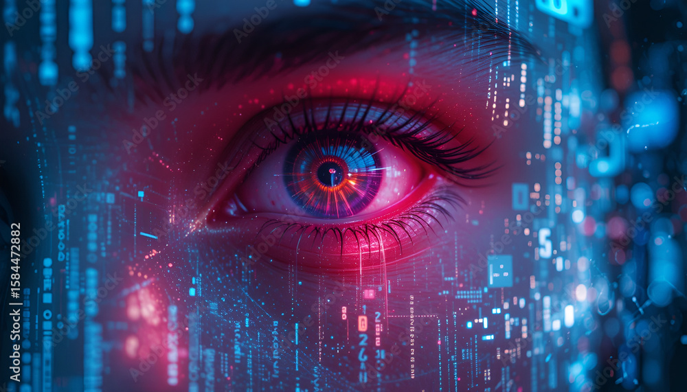 Poster human eye overlaid with digital data streams and futuristic technology, showing a close-up view with