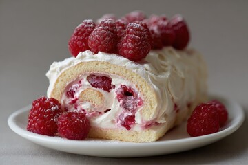 A charming raspberry meringue roll with fluffy cream and fresh raspberries ideal for a sweet indulgence