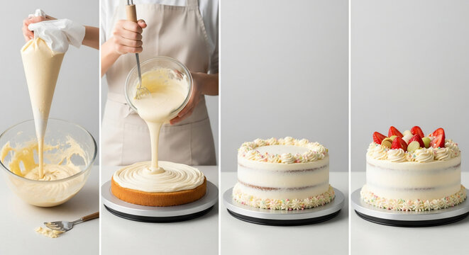 A sequence showing cake preparation, from frosting to final decoration.
