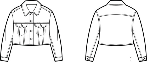 CAD drawing, flat vector illustration, cropped denim jacket, front and back view, fashion technical sketch, long sleeve design, outerwear template, buttoned pockets, stylish apparel mockup
