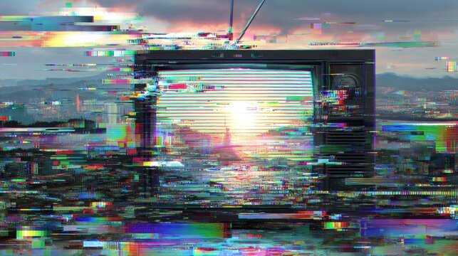 Digital error screen with glitch effects and pixel distortion representing a broadcast failure