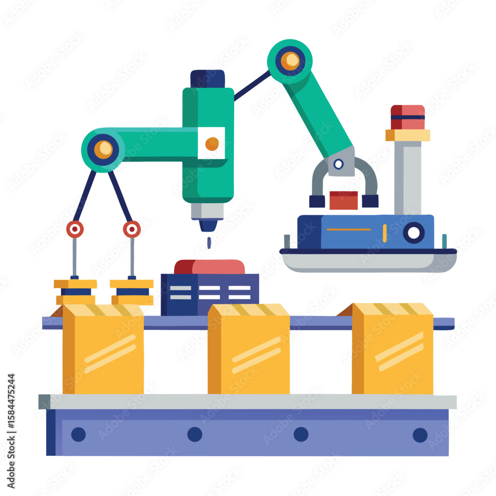 Poster automated robotic arms assembling packages on an assembly line in vector graphic style