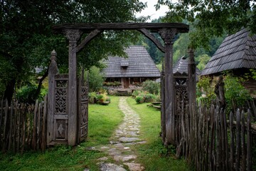 Heritage entrances of historic farmhouses in Maramures Romania