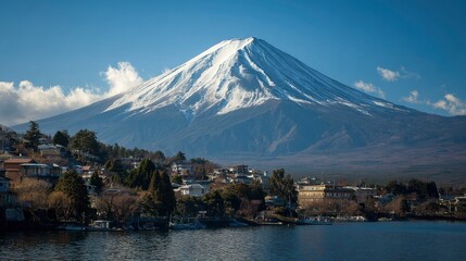 Fototapeta premium Snowcapped mountain behind town along lake under a blue sky