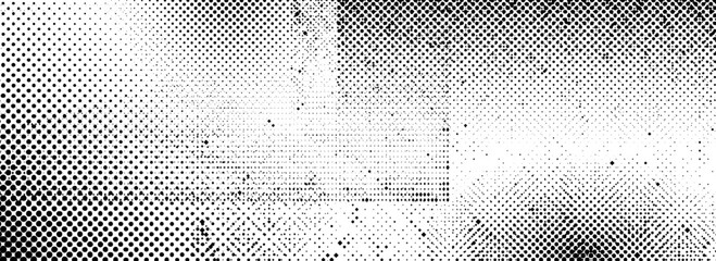 Rough grunge halftone texture. Distressed dirty aged background. Black dotted wallpaper for banner, poster, flyer, print, magazine, brochure. Scuffed ragged vector backdrop. Damaged glitch overlay 