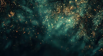Sparkling Christmas tree branches in a dark, moody background