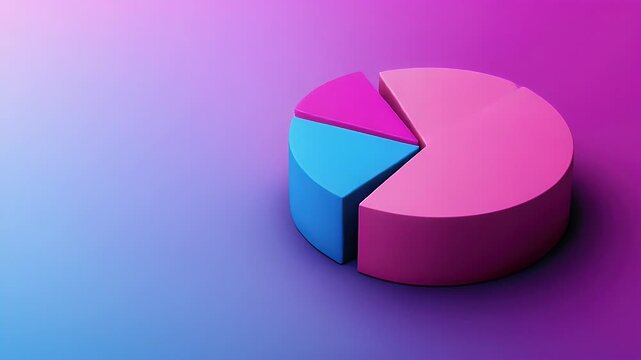 Colorful 3D pie chart isolated against vibrant gradient background representing data analysis and business concepts.