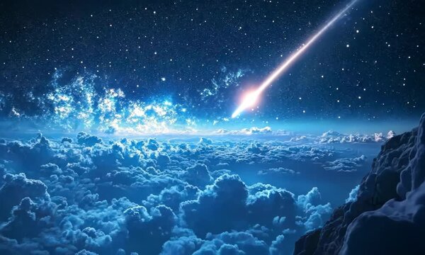 A bright meteor streaks across a starry night sky above fluffy clouds. The scene captures the beauty of the cosmos and celestial phenomena.