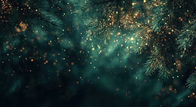 Sparkling Christmas tree branches in a dark, moody background