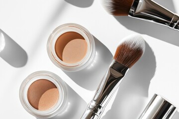 Cream jars and brushes placed with shadows, makeup flat lay