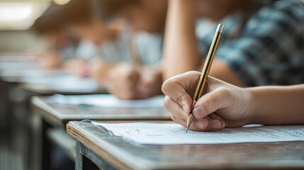 Obraz premium Students hand writes on exam paper focusing on a pencil marking a test in a classroom setting