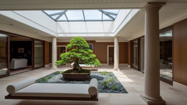 A bonsai tree in a pot surrounded by pebbles and a white bench in a courtyard with pillars