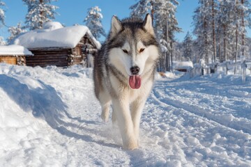 Fototapeta premium Husky enjoying the snow on a bright winter day in Lapland Finland