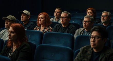 Engaged audience watching movie in a theater with blue seats