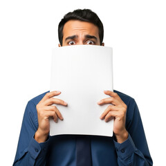 Surprised Man Peeking Behind Paper Sheet with Open Eyes