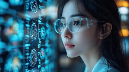 Focused woman examining digital brain data on a futuristic screen - Powered by Adobe