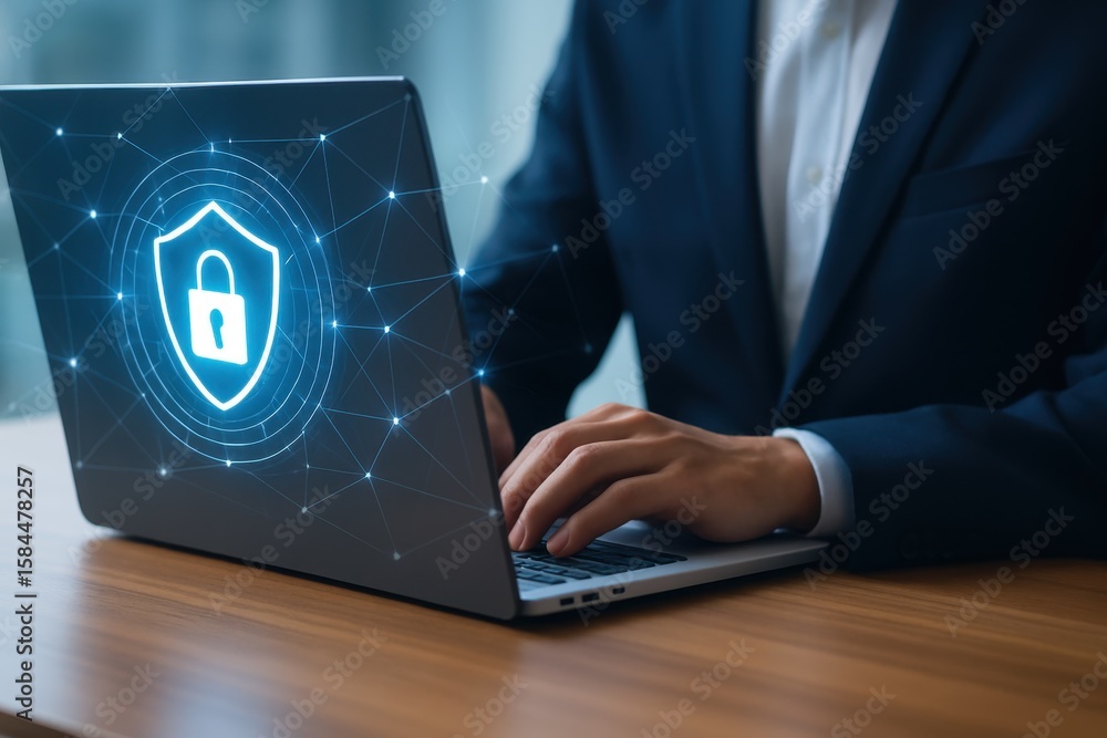 Poster business professional using laptop with digital security graphic symbolizing data protection and cyb