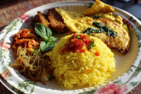 Breakfast features yellow rice on a paper plate accompanied by an omelet fried glass noodles tempeh orak arik sambal and basil leaves Indonesian cuisine