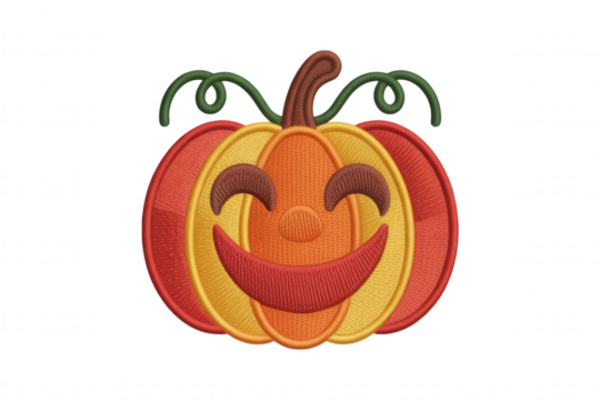 Happy embroidered pumpkin with swirling vines smiling