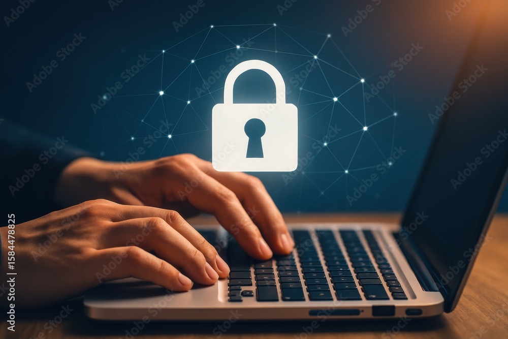Poster secure online data protection concept with hands typing on laptop featuring lock symbol and digital 