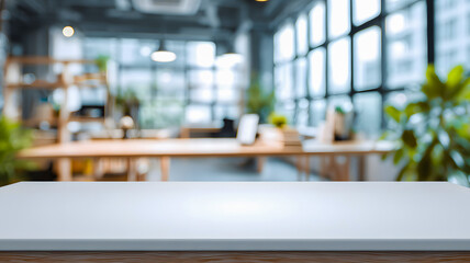 Modern workspace displays a foreground table against a bright blurred background in a stylish office setting