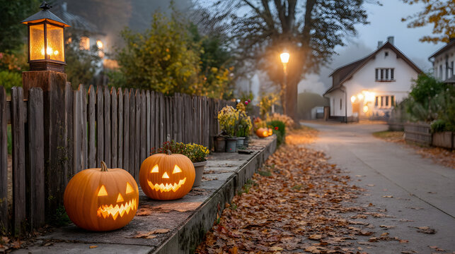 Glowing jack o'lanterns illuminate a tranquil autumn evening street scene with houses and falling leaves