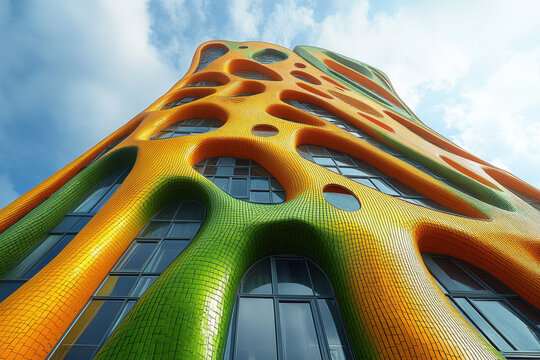 Colorful glass facade of a building.