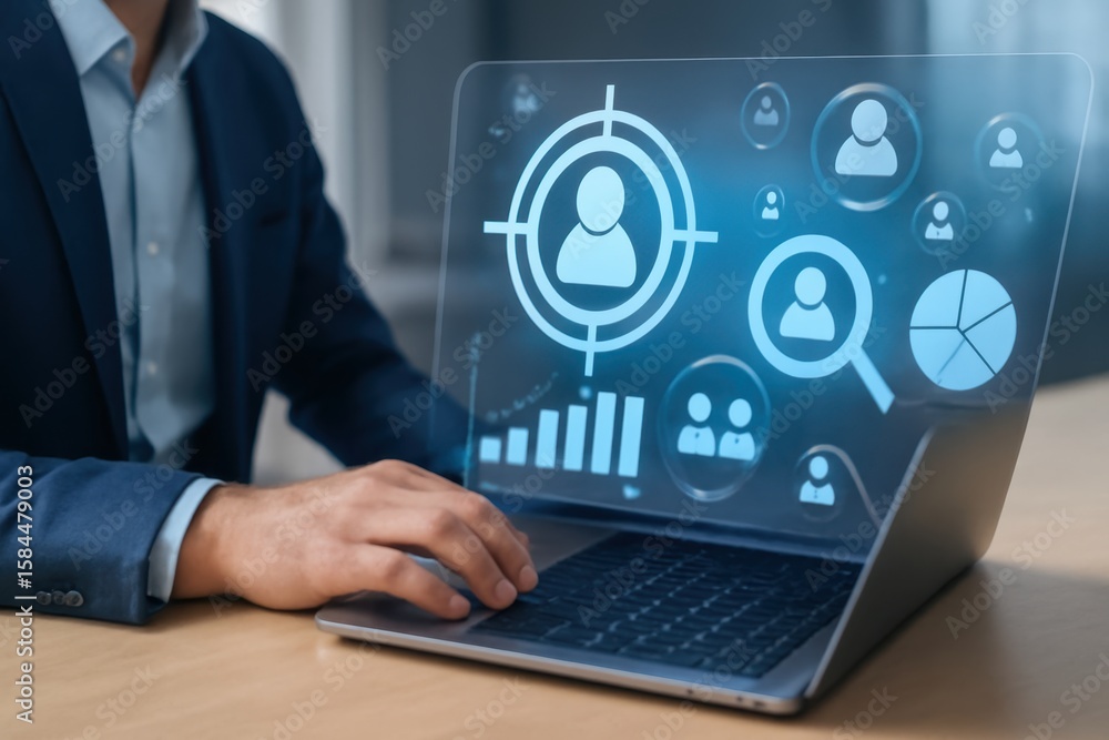 Aufkleber businessman analyzing data on laptop with digital user icons and graphs representing technology, mar